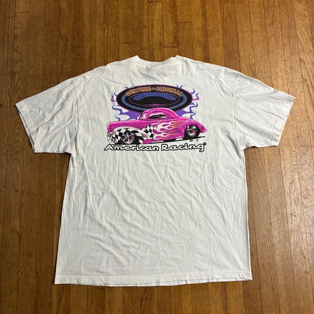 Vintage Y2K American Racing In Thrust We Trust Flame Car T-Shirt 2XL Hanes White
